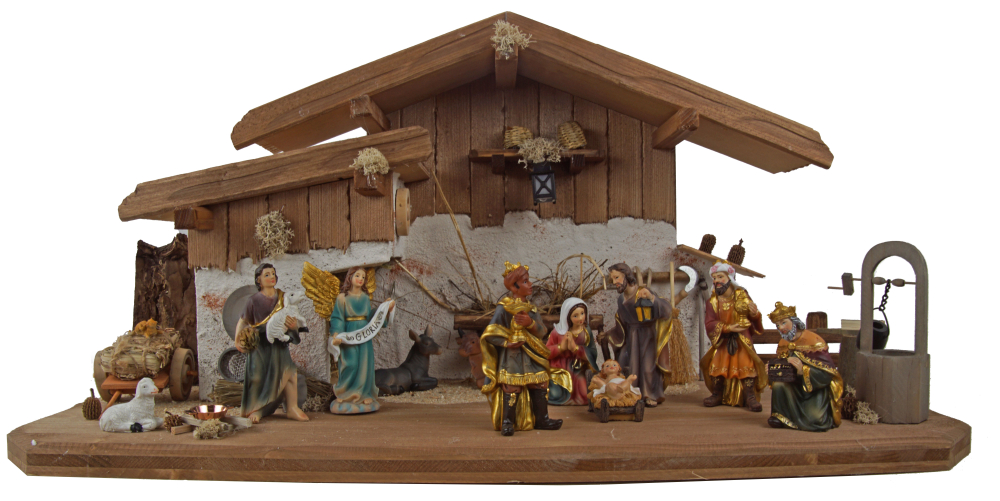 Bezaubernde Weihnachtskrippe Hartmannshof inkl. 11-tlg. Figurensatz K 604, Maße Krippe: ca. 60 x 24 x 30 cm